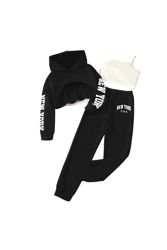 Teens Girls 3 Piece Outfit Casual Cropped Hoodie With Tank Top Joggers Fall Season Sets Clothes