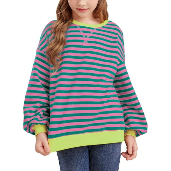 Teens Girls Casual Oversized Striped Hoodie Sweatshirt Crew Neck Long Sleeve Blouse Shirts Loose Fit Pullover Tops Fall Shirt 6-14 Years