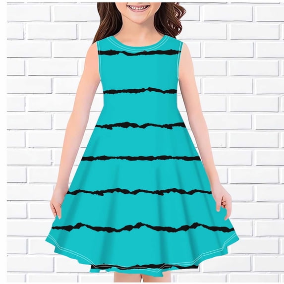 Teens Girls Midi Dresses Summer Size 4-14 Kids Cute Sleeveless Crewneck Stripe Printed Pullover Going-Out A-Line Sundresses