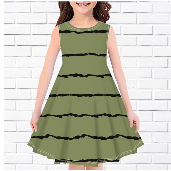 Teens Girls Midi Dresses Summer Size 4-14 Kids Cute Sleeveless Crewneck Stripe Printed Pullover Going-Out A-Line Sundresses