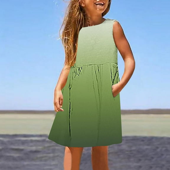 Teens Girls Midi Dresses with Pockets Size 3-14 Tweens Juniors Cute Sleeveless Crewneck Gradient Printed Comfort Pullover Going-Out Dress