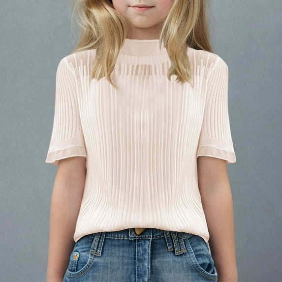Teens Girls Mock Neck Tops 6-15 Years Kids Short Sleeve Pullover T-Shirts Juniors Trendy Solid Pleated Casual Lightweight Blouses