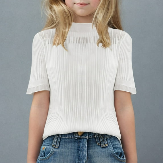 Teens Girls Mock Neck Tops 6-15 Years Kids Short Sleeve Pullover T-Shirts Juniors Trendy Solid Pleated Casual Lightweight Blouses