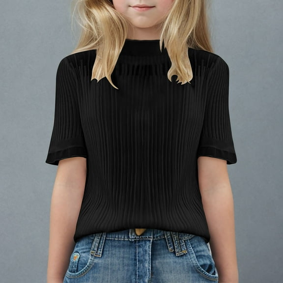 Teens Girls Mock Neck Tops 6-15 Years Kids Short Sleeve Pullover T-Shirts Juniors Trendy Solid Pleated Casual Lightweight Blouses