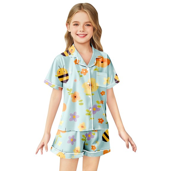 Teens Girls Pajama Set Cute Print Button Down Tops Set Casual Pajamas Set Tween Pajamas 10-11 Years Kids Clothes