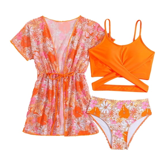 Girls Swimsuit Ribbed Bikinis for Adjustable Straps Tankini Set 3 Pieces Contrast Trim Bathing Suit