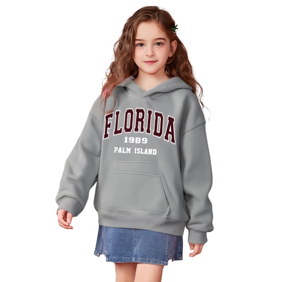 Teens Hoodie Florida Letter Print Hoodies Long Sleeve Lightweight Pullover Tops Loose Sweatshirt Warm Fall Winter Clothes 11-12Years Girls Clothes Kids Clothes