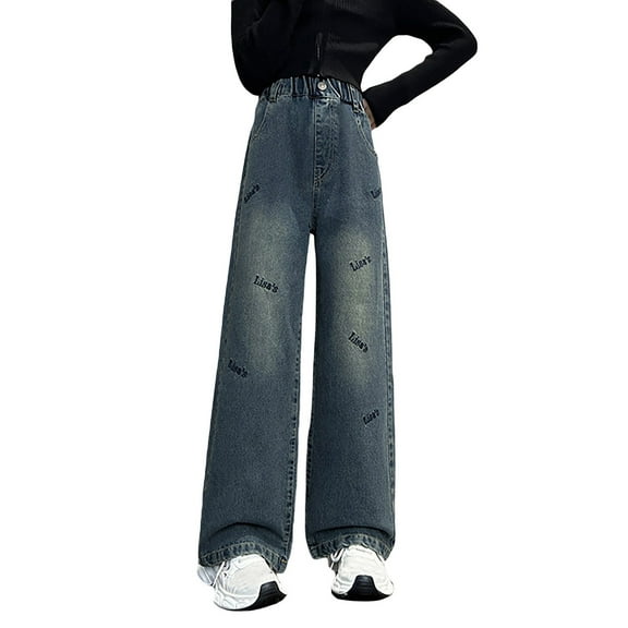 Teens Jean for Girls Cute Jeans Girls Straight Leg Jeans Wide Leg Jeans High Waisted Baggy Jeans Kids with Pocket Girls Size 13-14 Years Clothes
