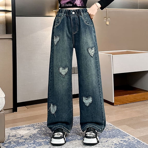 Teens Jean for Girls Heart Jeans Girls Straight Leg Wide Leg Girls Pants High Waisted Girls Jeans Baggy Casual 10-11 Years Old Girl Clothes