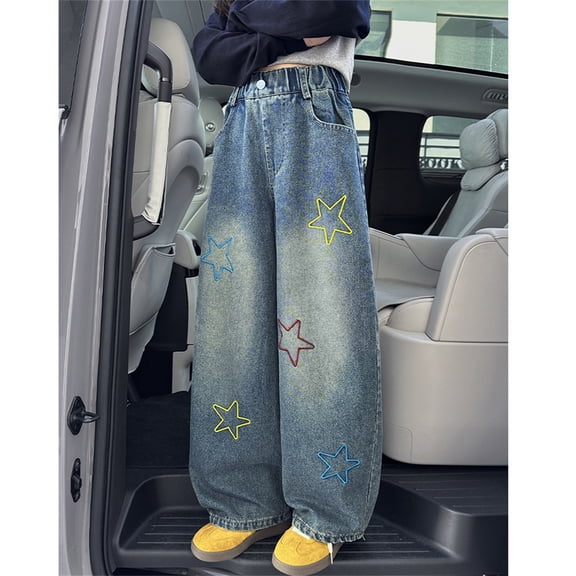 Teens Jean for Girls Star Jeans Girls Straight Leg Wide Leg Denim Jeans High Waist Baggy Jeans Kids with Pocket Pants Girls 12-13 Years