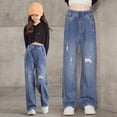 thumbnail image 1 of Jeans Girls Ripped Jeans Girls Straight Leg Jeans Wide Leg Denim Jeans High Waisted Girls Loose Pants with Pocket Little Girl School Clothes 11-12 Years, 1 of 3