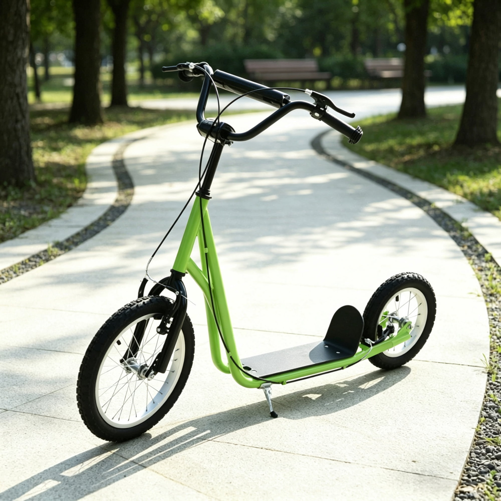Teens Kids Ride-On Scooter, Height Adjustable Handlebar, Dual Brakes, Pneumatic Wheels, Safe Toy for Children 5 and Up, Green