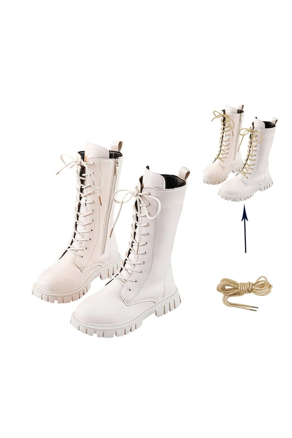 Teens Lace Up Riding Boots Mid Calf Combat Boots Fashion Waterproof PU Leather Side Zipper Punk Goth Boot 4-12 Years White
