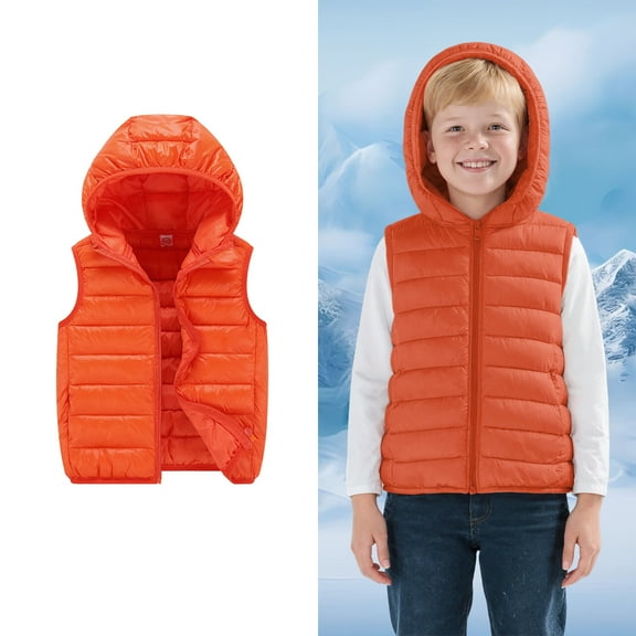 Teens Puffer Vest Hooded Orange Down Vest Zip up Sleeveless Lightweight Kids Puffer Jacket Fall Winter Clothes 12-15 Years