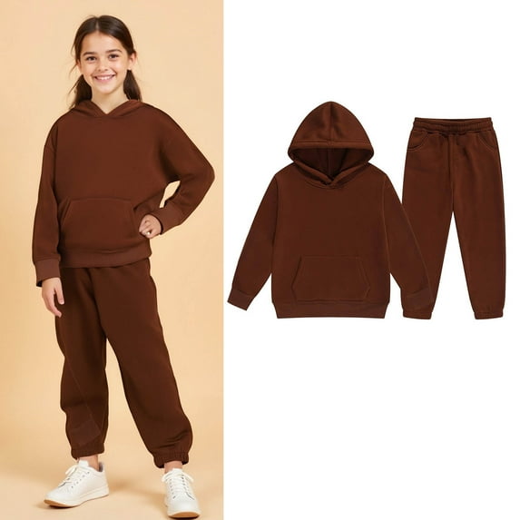 Teens Tracksuit Athletic Sweatsuits Sets 2PC Long Sleeve Coffee Hooded Sweatshirt Jogger Set Fall Winter Clothes Girls Matching Sets 10-11 Years