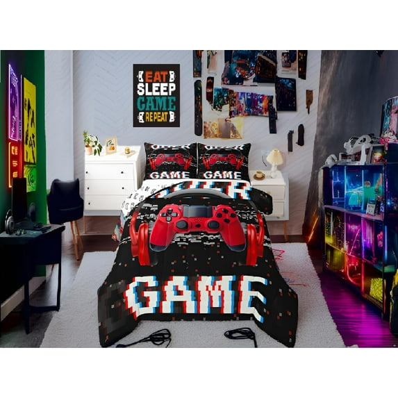 Teens Video Games Down Comforter 3D Headset Headphones Gamepad Bedding Set, Music Themed Gamer Comforter/Quilt Set, Gaming Controller Bedspread, Bedroom Decor Twin Size, Red Black