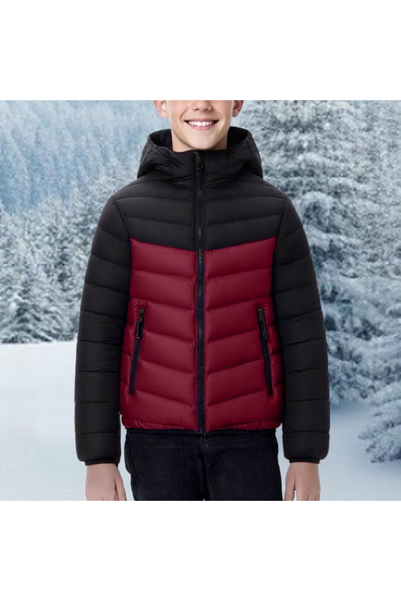 Teens Winter Outwear Jackets Color Block Casual Sports Warm Coats Boys Girls Thick Padded Zip up Hooded Outwear for Kids Wine 16-17Y
