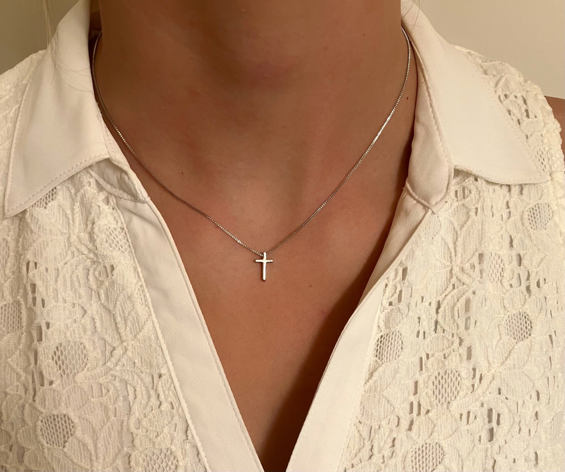 Teeny Tiny Woman's Cross Necklace Silver