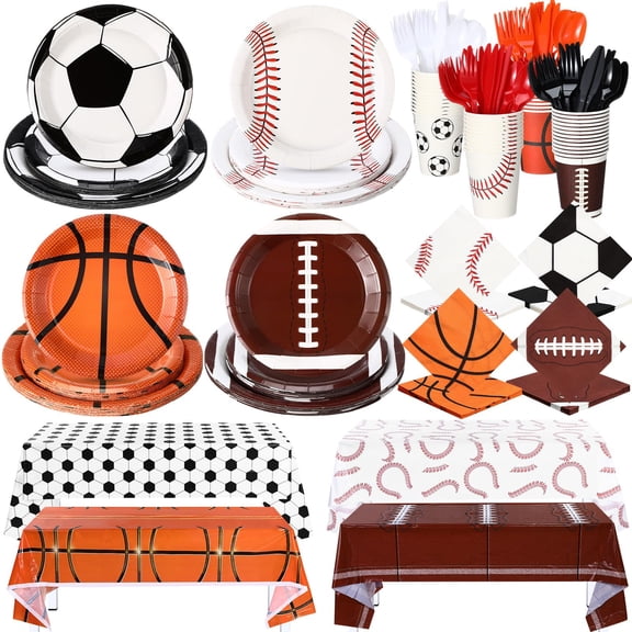 Teenyyou 340 Pcs Sports Birthday Party Decorations Sports Party Supplies Include Plates Napkins Cup Cutlery Tablecloth Baseball Football Soccer Basketball Disposable Tableware Serves 48 Guests Y114