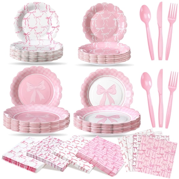 Teenyyou 350 Pcs Pink Bow Birthday Party Supplies Include Bow Plates Napkins Disposable Tableware Set Coquette Birthday Decorations for Girls Wedding Bridal Baby Shower Serve 50 Guest Y101