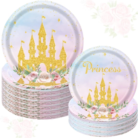 Teenyyou 50 Pcs Princess Birthday Party AFN1Paper Plates in 9 in Watercolor Pink Floral Gold Castle Disposable Dinnerware for Fairytale Princess Birthday Baby Shower Decoration Supplies, Serve 25