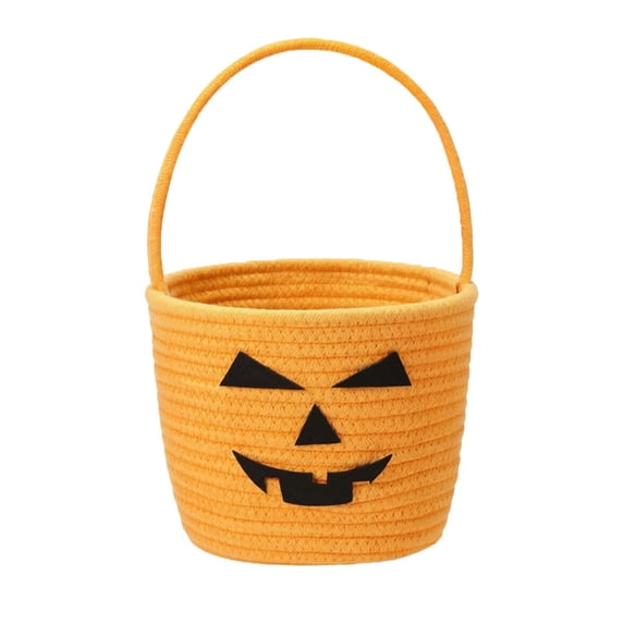 Teenyyou Halloween Basket, Bucket Pumpkin, Orange, 1 Pack | Cotton Rope Woven with Cute Face, Trick or Treat Candy Storage, Sturdy Handle, Halloween Party Favor and Decoration