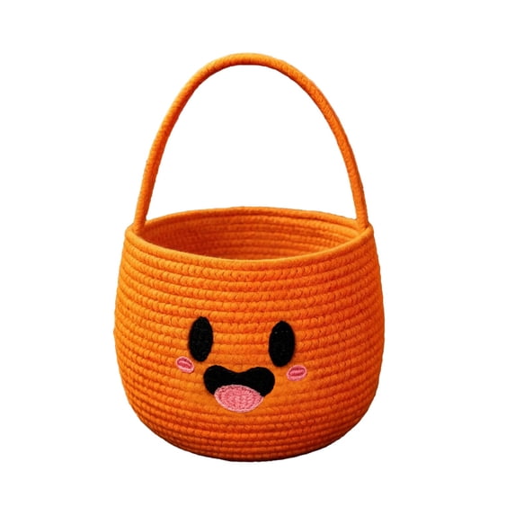 Teenyyou Halloween Basket, Bucket Pumpkin, Orange, 1 Pack | Cotton Rope Woven with Cute Face, Trick or Treat Candy Storage, Sturdy Handle, Halloween Party Favor and Decoration