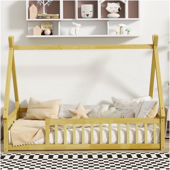 Teepee Floor Bed with Guardrails, Low Profile Twin Platform Frame in Natural Wood for Cozy Spaces