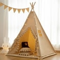 thumbnail image 1 of Teepee for Kids Tent Indoor with Floor Mat,Carry Bag,Banner,Play Cottage with Star Light, Cotton Canvas Kids Teepee Tent for Girls & Boys, Pompom Ball Design, Foldable Teepee Tent, 1 of 8