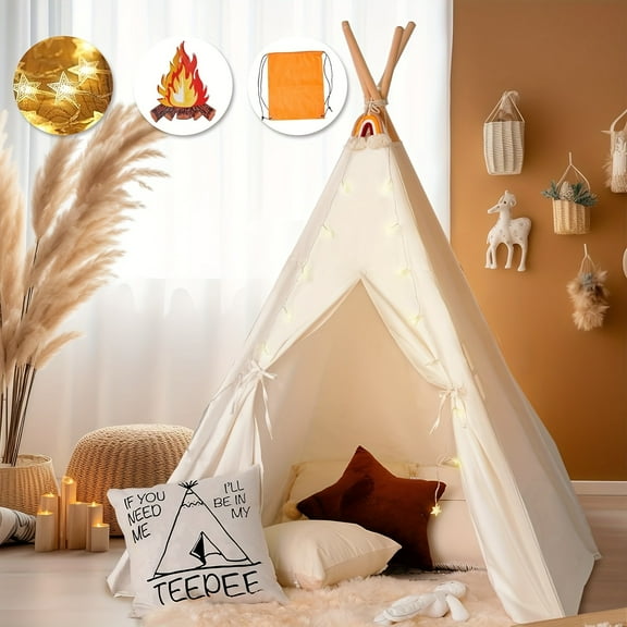 Teepee Tent For Kids Foldable Teepee Play Tent With Fairy Lights, Carry Case, Pretend Camp Fire, Four Poles Style Raw White Color - New Version Tiny House, Christmas & Halloween