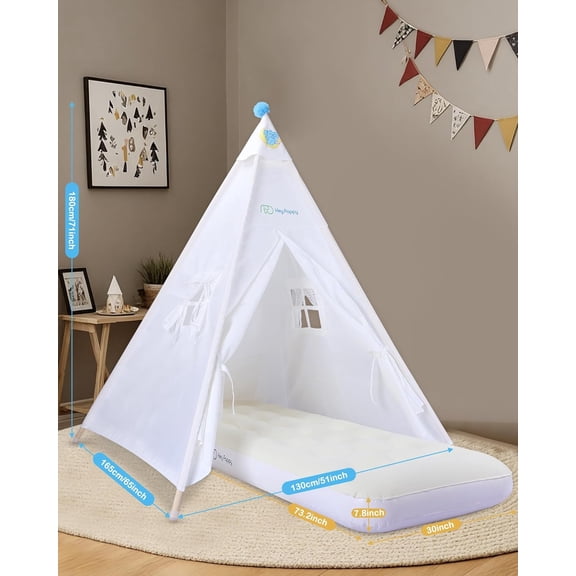Teepee Tent for Kids with Inflatable Airbed, String Lights, Balloons, Pump, Washable Slumber Party Tent Indoor Outdoor for Girls Boys, Children Tipi Playhouse for Playtime and Sleepover