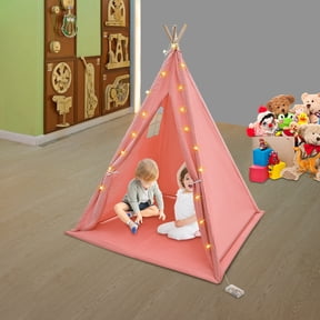 Teepee Tent for Kids, Natural Cotton Canvas Toddler Tent 100% Cotton Play Tent with Padded Mat and Star Lights, Washable Foldable Teepee Tent with Carry Bag for Kids (Pink)