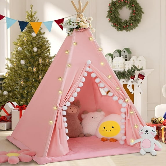 Tent for Kids with Padded Mat Cotton Canvas Kids Tent with Pompom for Toddlers Indoor Play Tent for Girls Boys with Stars Lights, Carry Bag, Banner Flag