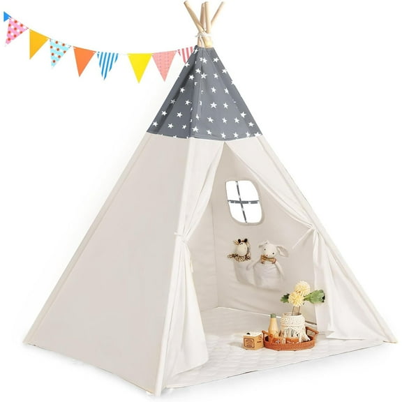 Teepee Tent for Kids Slumber Party - 100% Cotton Foldable Kids Tent Indoor with Light & Flag Play House Outdoor - Toddler Tipi Playroom for Girls Gift Toys - Tee Pee Tents(Stars Design) Grey Teepee