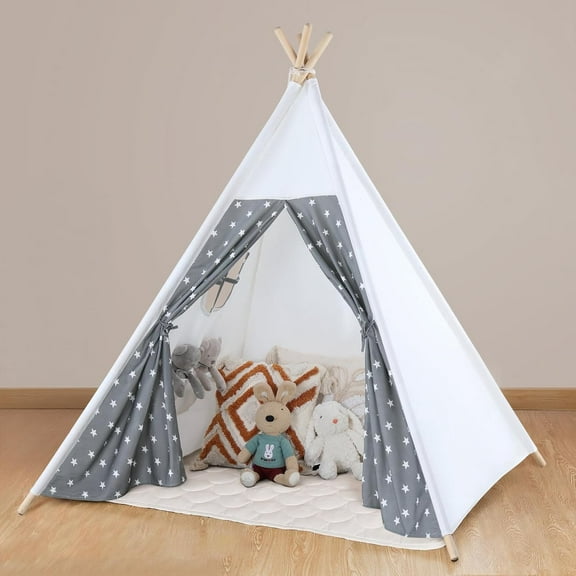 Teepee Tent for Kids Slumber Party with Mat & Light & Carry Case - Kids Cotton Canvas Play Tee Pee Tent Indoor Outdoor Folding for Boys and Girls Gift - Tipi Play House Garden Picnic