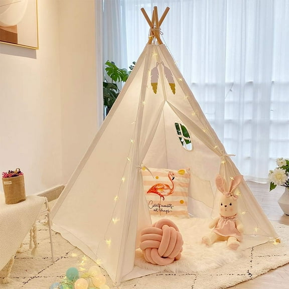 Teepee Tent for Kids Tipi Tent Indoor - 100% Cotton Kid Tents for Inside with Light & Flag- Foldable Toddler Play Tents for Girls & Boys Slumber Party -Toys Cotton Teepee