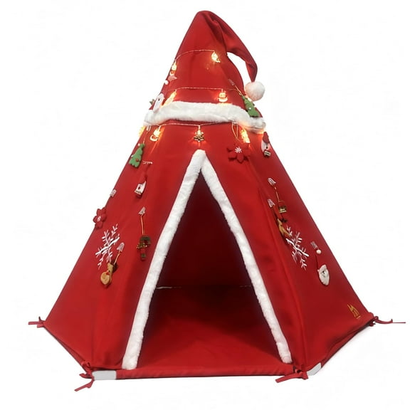 Teepee Tent - Plushy Play Tent, Playhouse Christmas-Themed with Plush Ornaments & Lights, Sturdy Frame, Christmas Decorations Indoor Decorative Tent