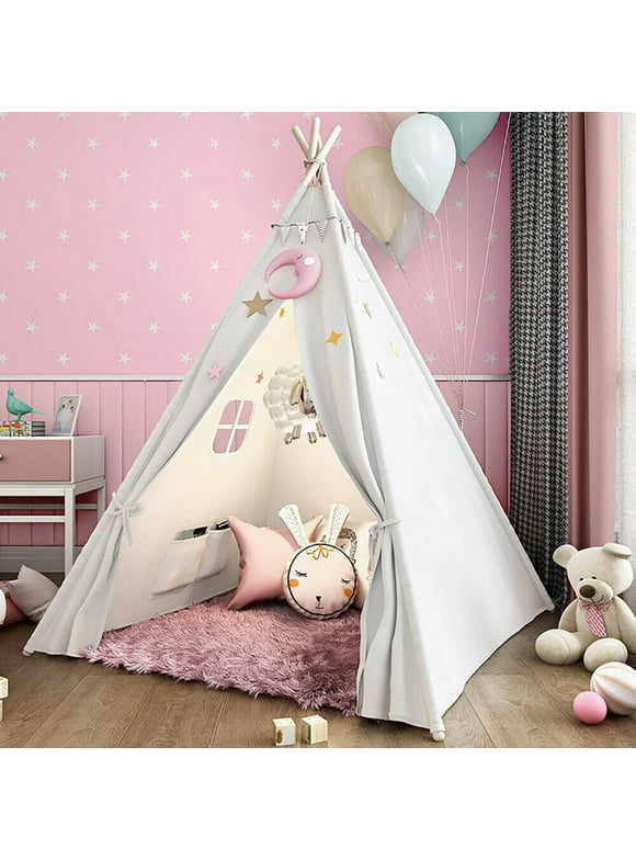 Teepee Tent for Kids, Natural Cotton Canvas Teepee Play Tent White/Pink, Toys for Girls/Boys Indoor & Outdoor Playing