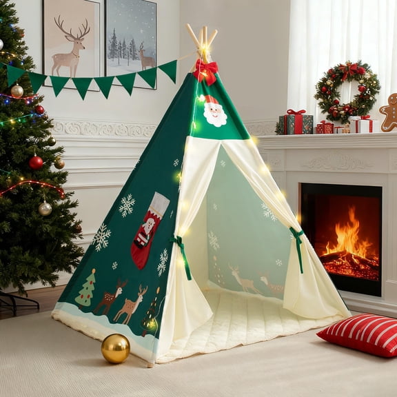 Teepee Tent for Kids, Play Tent with Padded Mat & Star Lights, Indoor Play Tent for Girls & Boys (Christmas Teepee, 47 * 47 * 60in)