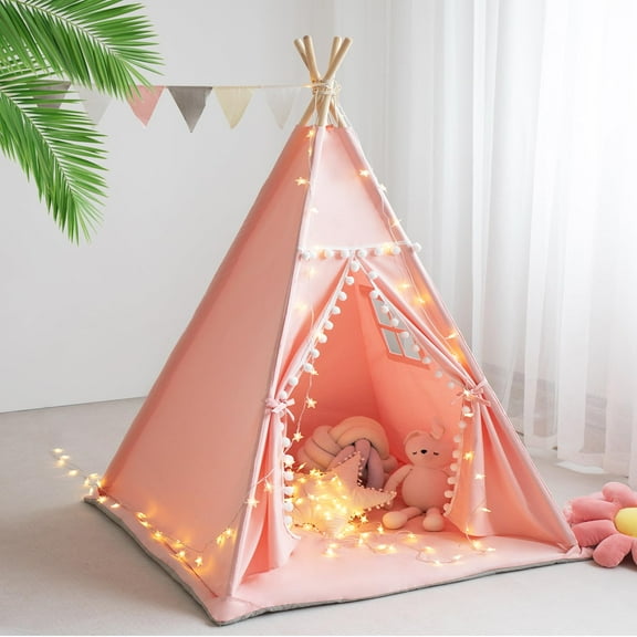 Teepee Tent for Kids with Mat, Star Lights, Carry Case, Cotton Canvas Playhouse, Foldable Tents, Portable Children Play Tent Indoor Outdoor (Pink)