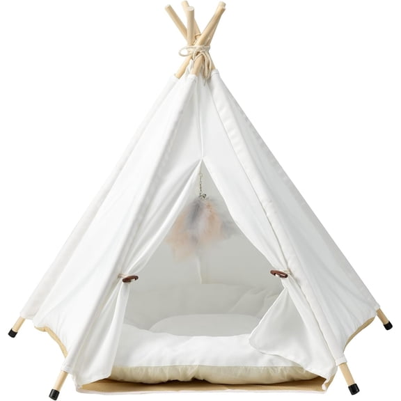 Teepee - White Small Tent Bed with a Soft Inner Cushion - Indoor Pet Teepee with Wooden Poles for s Dogs and Bunny - with Fear Toys