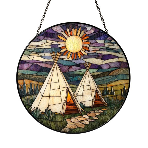 Teepees Scene Glass Suncatcher Round Window Hanging, Boho Camping Landscape Decor Gift for Nature Homes