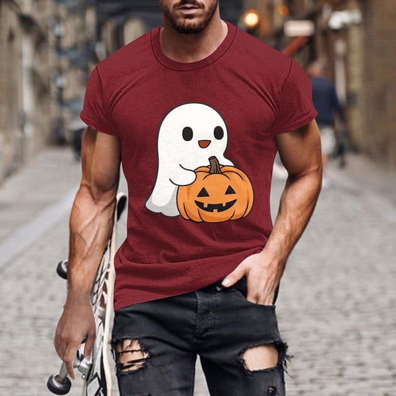Tees for Men Halloween Cute Ghost Graphic Tops Plus Size Fashion Holiday T Shirts Short Sleeve Crewneck Tops Going Out Outfits Funny Pullover Tshirts, S-5XL