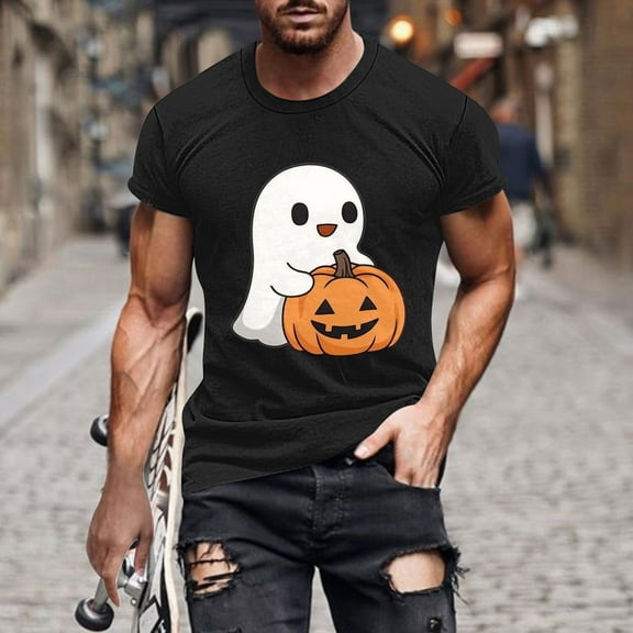 Tees for Men Halloween Cute Ghost Graphic Tops Plus Size Fashion Holiday T Shirts Short Sleeve Crewneck Tops Going Out Outfits Funny Pullover Tshirts, S-5XL