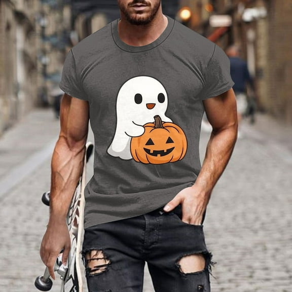 Tees for Men Halloween Cute Ghost Graphic Tops Plus Size Fashion Holiday T Shirts Short Sleeve Crewneck Tops Going Out Outfits Funny Pullover Tshirts, S-5XL