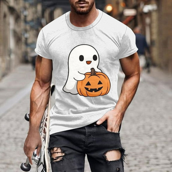 Tees for Men Halloween Cute Ghost Graphic Tops Plus Size Fashion Holiday T Shirts Short Sleeve Crewneck Tops Going Out Outfits Funny Pullover Tshirts, S-5XL