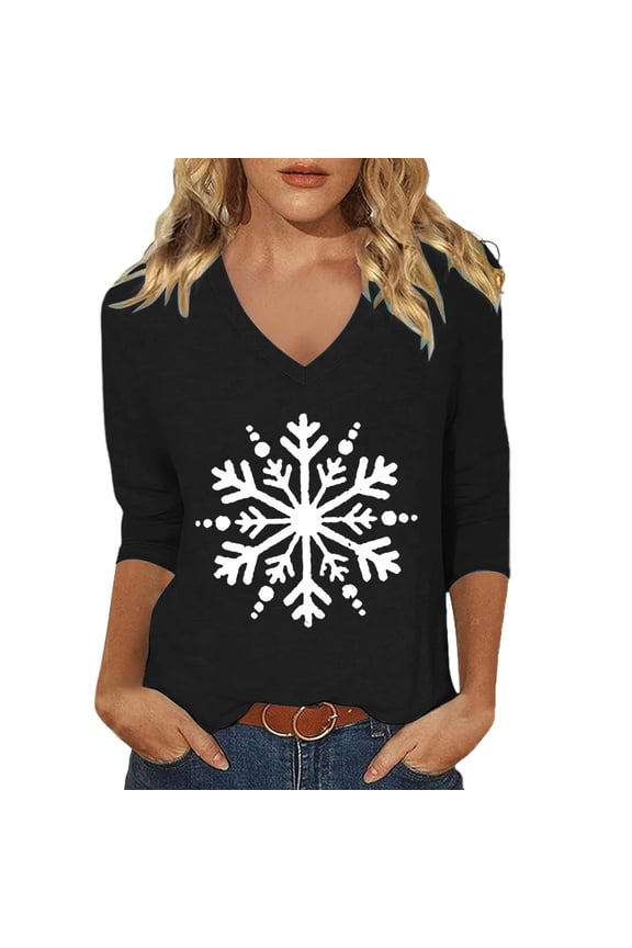 Tees Tops For Women T-Shirts 3/4 Sleeve Summer Snowflake Print V Neck Tunic Workout Clothes