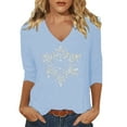 thumbnail image 1 of Tees Tops For Women T-Shirts 3/4 Sleeve V Neck Snowflake Print Tunic Blouse Fashion Clothing, 1 of 3
