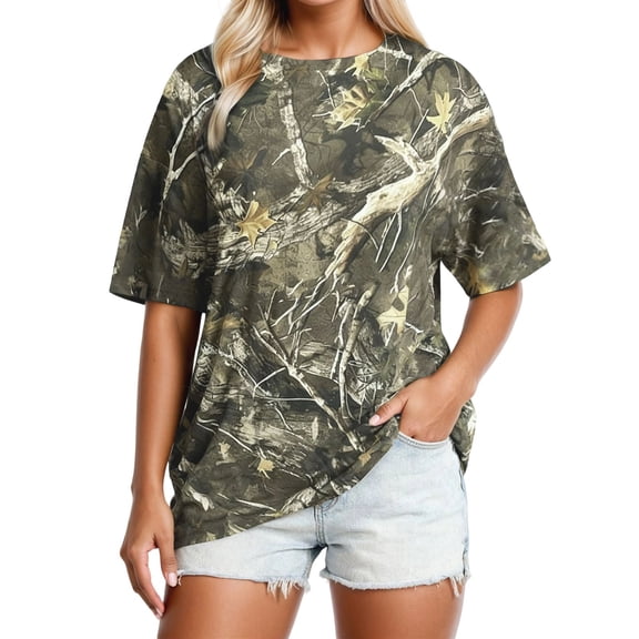 Tees Tops For Women T-Shirts Camo Print Summer Short Sleeve Maple Leaf Graphic Crewneck 2025 Fall Clothes