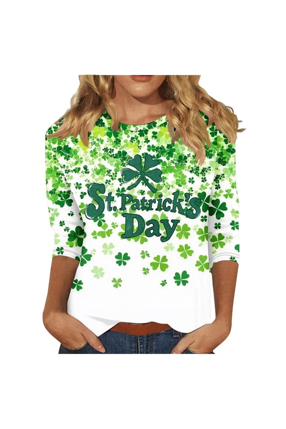 Tees Tops For Women T-Shirts Casual St Patrick's Day Print 3/4 Sleeve Festive Holiday Celebration Blouse Top Green